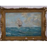 Rowland Hill, oils on canvas of a clipper making way, signed (50 x 75 cm), swept and pierced gilt