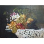 Two Flemish school-style oils on canvas still lifes, of flowers and ripe fruit in a basket on a