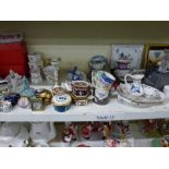 Two shelves of pretty mixed china including Coalport Paradise pattern trinket boxes, small vases,