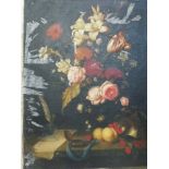 Two oils on canvas, still lifes in the antique Flemish style, one a profusion of flowers in a basket