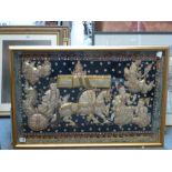 A South East Asian sequin and beadwork picture of Hindu deities flying around a chariot, framed,