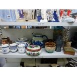 A large blue and white jug, glass mosaic style vases, Queen's blue and white mugs, a Royal Doulton