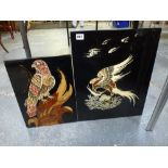 A pair of modern Oriental black lacquer panels depicting birds. WE DO NOT ACCEPT CREDIT CARDS.
