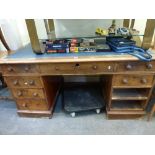 A Victorian mahogany pedestal desk of nine drawers with inset blue leatherette top and glass