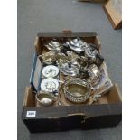 A carton of sundry silver-plated teaware, etc., and a pair of Royal Worcester small dishes WE DO NOT