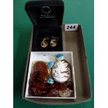 A pair of 9 ct gold pendant earrings styled with Viking ships, 3.2 gm, a cameo brooch of Diana the