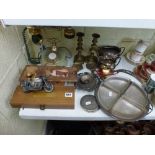 A mixed lot including a vintage Onyx phone, a pair of brass candlesticks, a silver-plated sugar bowl
