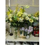 A collection of silk flowers in two glass vases, a pottery basket, boxes etc. [G20] WE DO NOT ACCEPT