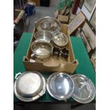 A carton of silver-plated serving and other dishes, with glass liners, including an Art Deco