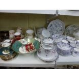 A shelf of mixed china including Wedgwood Wild Strawberry pattern wares including a pair of vases,