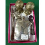 A silver-plated 4 oz hip flask by Dunhill, a pair of plated golf ball salt and pepper, six pretty