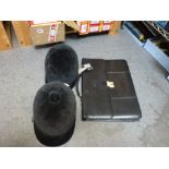 A black leather briefcase, two black velvet riding hats and a box of lace trimmed vintage children's