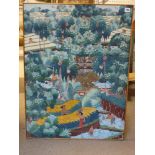 J.W. Wana, a picture on cotton of South-East Asian terraced paddy fields, signed, and an oils on