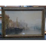 Albert Pollitt, watercolour, sailing barges by a quayside, signed and dated 1914 (35 x 60 cm),