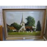 A.E. Dye, oils on canvas, cricket on the green with village church in the background, signed,