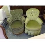 Two bedroom chairs each in buttoned green velvet. WE DO NOT ACCEPT CREDIT CARDS. CLEARANCE