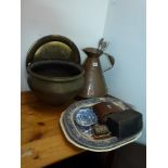 A copper 2 gallon haystack measure, an Eastern brass cachepot, an Eastern-style brass tray, a
