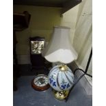 A Quartz drop-dial wall clock, a brass table-lamp and an Aynsley table-lamp with shade plus a Quartz