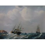 An oils on canvas of an English school-style seascape with a paddle steamer in rough water,