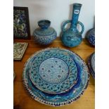 Five pieces of Multan pottery, probably late 19th century, all with turquoise or blue grounds,