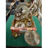 Three cartons of sundry plated and other metalware, including trays, tea and coffee wares, a