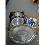 Two cartons of EPNS and other metalware, including a fruit stand, tea service, rose bowl, entree