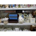Two shelves of mixed items including a Franz Kingfisher jug and plate, two sets of boxed Wedgwood