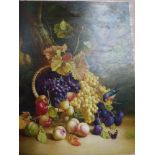 An oils on canvas still life of an overflowing basket of grapes, plums, peach and apples with a