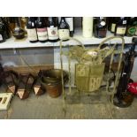A small selection of metal ware that includes an armorial fire screen, wall lights, buckets, pails