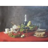 Two North Italian school-style oils on canvas: a feast with champagne, and a still life with
