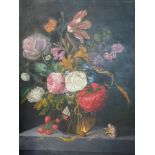 In the style of the Dutch school, oils on canvas, peonies and roses in a glass bowl on a stone