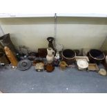 A good mixed lot, mainly metalware and wooden, including a tall pricket candlestick, carved wooden