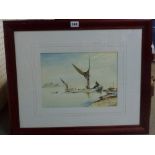 Six framed pictures comprising Sydney Carter, watercolour, pulling up in a storm, signed; D.