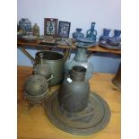 A Cairo ware small circular brass tray typically inlaid in copper and silver, 29 cm, two brass jars,