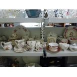 A shelf of mixed china including Royal Crown Derby Derby Posies including cups, saucers, plates,