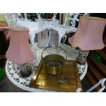 A large engraved square Eastern brass tray, a brass jam pan, candle stick and two lamps