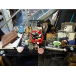 A mixed lot including a quantity of photograph frames, cutlery, salter scales, part used perfume