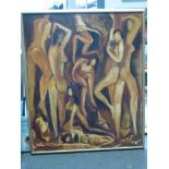 Modern school, 20th century, oils on canvas, dancing figures, and a mid-20th century oils on