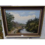 J. Coward, oils on board, a house and bridge over a stream, signed and dated 1984, framed,
