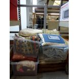 Three boxes of scatter cushions, thirteen in total and many handworked, two woollen blankets, and