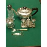 A silver reproduction sugar nips, Edinburgh 1916, together with a silver-lidded glass jam pot, an