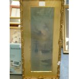 A watercolour of sailing boats on a cloudy moonlit night (39 x 14 cm), gilt frame, a pair of Persian