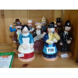 Ten Beswick Trumpton figurines including Mrs Cobbett, Windy Miller and Mrs Honeyman [pine shelves