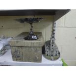 A music box in the form of St Clement Danes and a silver-plated cake stand on dolphin in vintage