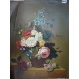 In the style of the Dutch school, oil on canvas, a stone vase of fritillaries and other late