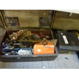 A vintage tool box and contents, including hammers, scissors, etc., and three boxes of cards [