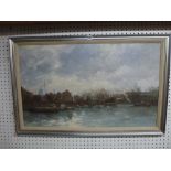 Roy Perry, oils on board, boats moored on the Thames near London, signed (54 x 90 cm), framed WE