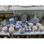 A large quantity of Chelsea Works Burslem Moorland pattern blue and white china including mugs,