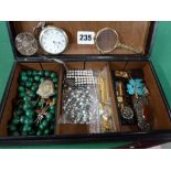 A black leather jewellery box, containing antique and later items, including a turquoise and pearl
