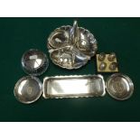 20th century silver, comprising: English pen tray, lidded glass powder bowl, small oval dish, and